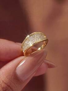 1pc Women's Pure Silver Rhinestone Ring, Suitable For Valentine's Day/Birthday/Couple Gift, Stackable, DIY Romantic Thin Band, Fashion Jewelry Gift - Sparkling Diamond - View 1