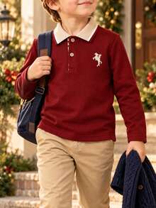 Boys Long Sleeve Polo Shirt, Contrast Collar And Embroidered Design, Classic Preppy Style Back To School Casual Top, Suitable For Autumn - Burgundy - View 1
