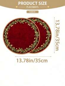 2/4/6pcs Elegant Burgundy & Gold Christmas Placemats, Round Linen Table Mats With Delicate Leaf, Gold Berry & Christmas Theme Patterns, Suitable For Christmas Dinner, Holiday Party, Kitchen & Dining Area And Winter Home Decor - Multicolor - View 10