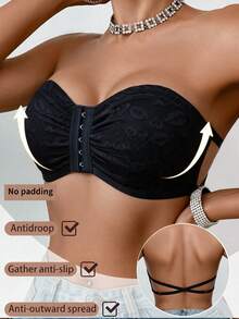 1pc Women's Sexy Lace Patchwork Wireless Non-Padded Comfortable Front Closure Criss-Cross Back Bandeau - Black - View 2