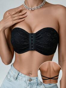 1pc Women's Sexy Lace Patchwork Wireless Non-Padded Comfortable Front Closure Criss-Cross Back Bandeau - Black - View 5