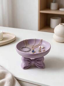 1pc Purple Bow-Shaped Jewelry Storage Tray, Desktop Earring Necklace Ring Jewelry Organizer, Vanity Decor Ornament, Entryway Key Small Item Storage Dish, Room Soft Decoration Home Accessory, Holiday Gift - Multicolor - View 6
