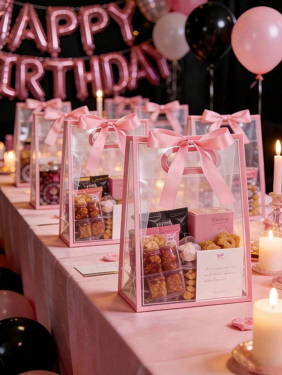 10 Transparent Pink Gift Tote Bags With Bow Ribbon And Handle, Elegant Waterproof PVC Party Favor Packaging Bags For Wedding, Birthday, Bridal Shower, Bachelorette Party, Candy Gift Wrapping And Storage, Cheap $0 Distribution Boxes, Distribution Bags, Wrapping Bags, Plastic Bags - Pink - View 1