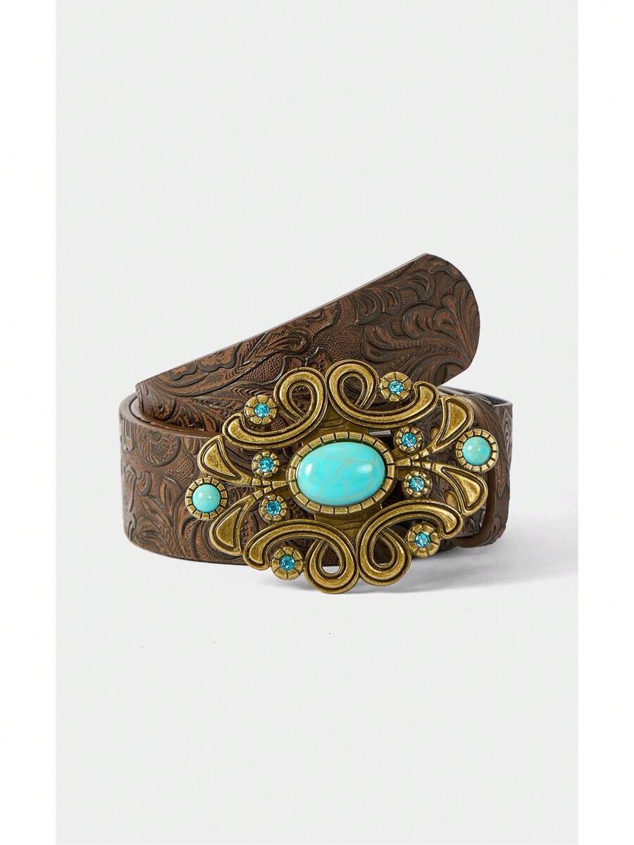 Noxbound Metal Chain Decor Waist Belt For Women, Minimalist Versatile Suitable With Dresses - Turquoise Bronze Belt - View 1