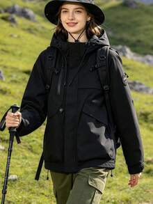 Women's Autumn/Winter Outdoor Softshell Jacket, Loose Casual Hooded Jacket For Running, Hiking, Fishing And Sports - Black - View 2
