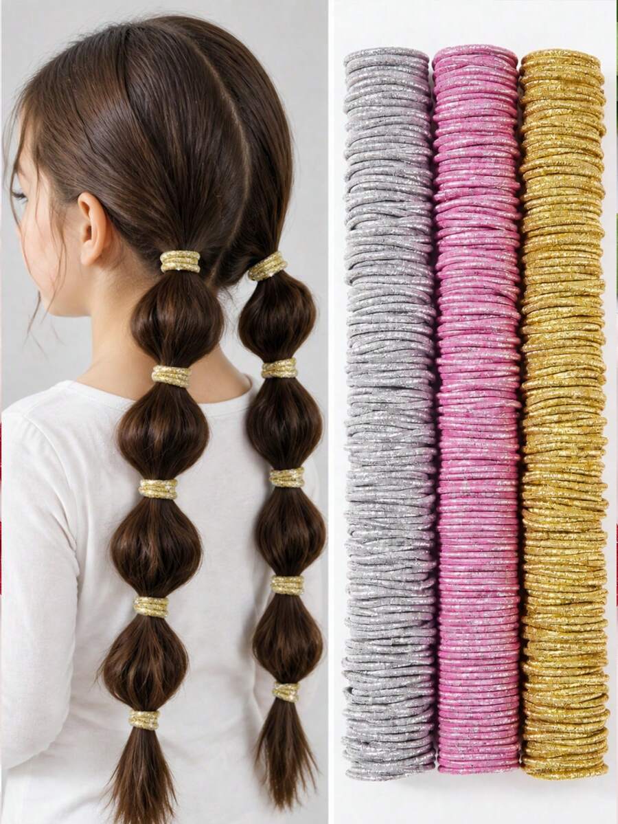 50Pcs Mixed Color Glitter Mini Hair Ties, Girls High Elastic Small Ponytail Holders, No Damage Kids Hair Bands Hair Accessories > - Multicolor - View 1