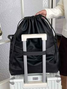 1pc Women's Vintage Soft Leather Drawstring Crossbody Tote Bag, Korean Slouchy, Ruched Drawstring Closure Design, Adjustable Wide Strap, Large Capacity For Tablet And Books, Built-In Luggage Strap For Trolley Handle, Daily Commute And Short Trip Shoulder Bag - Black - View 7