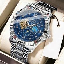 1pc Men's Yellow Angular Case Green Starry Sky Dial Moon Phase & Star Multi-Window Display Luxury Automatic Tourbillon Mechanical Wristwatch - Mouldless - View 15