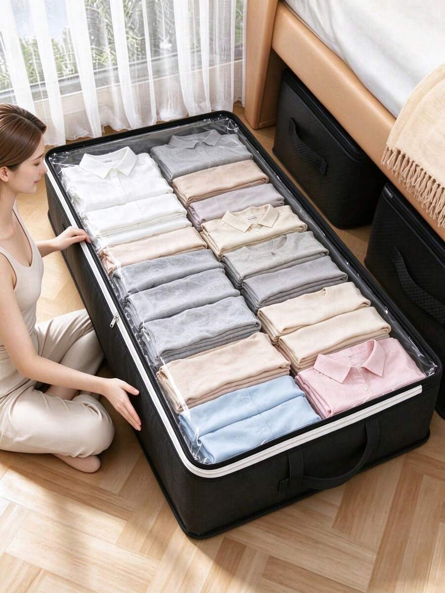 1/3pcs Underbed Storage Bags, Foldable Closet Organizer Boxes And Underbed Storage Bins, For Storing Wrapping Paper, Blankets, Towels, Clothes, Bedding, Sweaters, Bed Sheets And More - Black - View 1