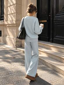 Women's Casual Oversized Round Neck Sweater & Wide Leg Pants Two Pieces Set, Medium Stretch Light Blue Knit Outfit For Fall & Winter Daily Wear - Mint Blue - View 4