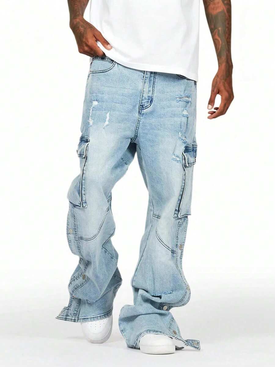Men's Y2K Light Wash Blue Fashion Button Hem Loose Fit Streetwear Multi-Pocket Cargo Denim Jeans - Light Wash - View 1