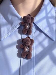 1pc/2pcs Cute Bear Head Button Cover, Shirt Button Cover Clip-On Button Cover Fashion Crystal Cufflink Cover - Brown - View 1