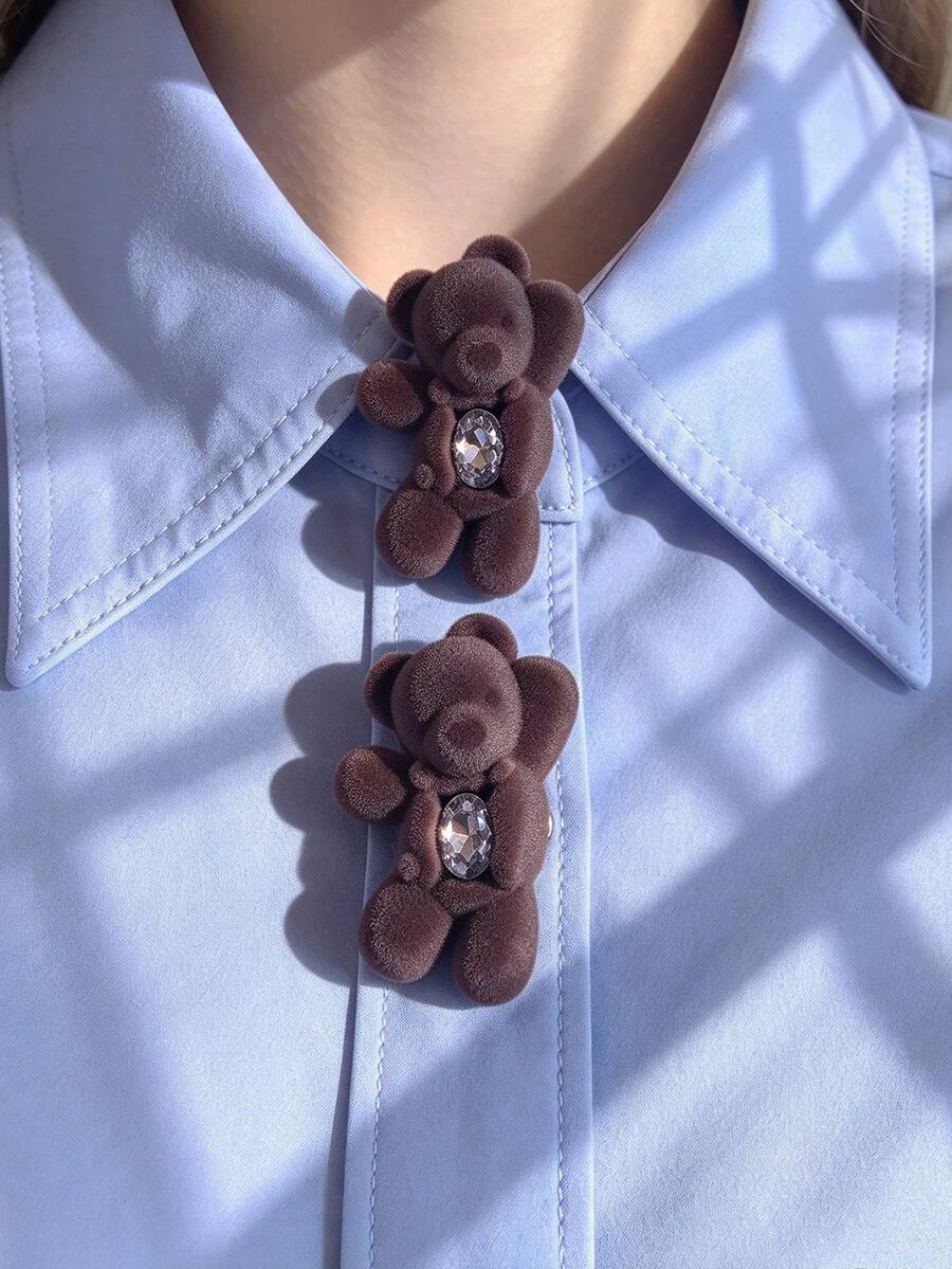 1pc/2pcs Cute Bear Head Button Cover, Shirt Button Cover Clip-On Button Cover Fashion Crystal Cufflink Cover - Brown - View 1