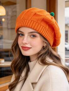 Autumn/Winter New Pumpkin Warm Knitted Beret Hat - Multicolor - View 1