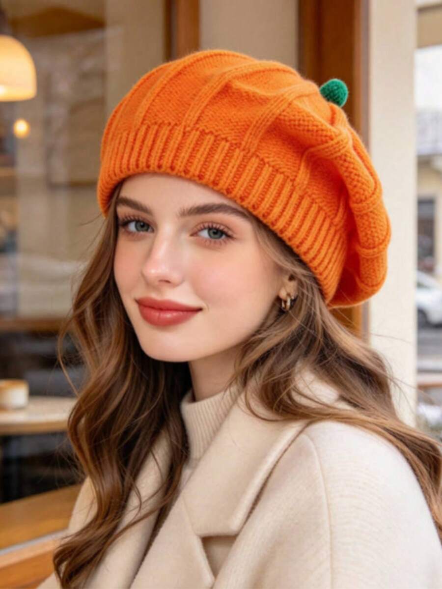 Autumn/Winter New Pumpkin Warm Knitted Beret Hat - Multicolor - View 1