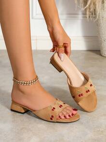 Women's Cherry Embroidered Sweet Cute Open Toe Square Toe Chunky Mid Heel Casual Suede Camel Color One Strap Slide Sandals For Shopping Vacation Daily Wear - Camel - View 4