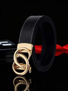 Men's Double Ring Leopard Head Automatic Buckle PU Belt, Litchi Grain Stitching, 47 Inch Business Leather Belt - Multicolor - View 4