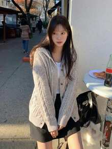 Comfortable Women's Soft Knit Hooded Cardigan, Long Sleeve Regular Hem With Buttons For Everyday Wear In Fall And Winter - Grey - View 6