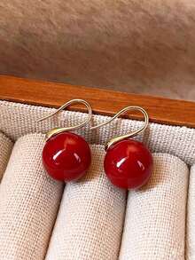 1 Pair Vintage Faux Pearl Red Copper Earrings, Suitable For Women For Daily Wear And Festivals - Burgundy - View 7