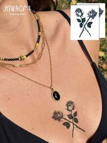 Temporary Tattoo Stickers, 2pcs Dark Style Rose Creative Pattern Fake Tattoos, Floral Print Temporary Tattoo Stickers, Multi-Functional Unisex Body Art Fake Tattoos, Waterproof, Sweat-Resistant, Easy To Apply And Remove, Lasts 3-5 Days, Body Art Beach Party Accessory Stickers DIY Gift - Black - View 3