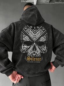 American Vintage Washed Hooded Sweatshirt, Autumn/Winter Men's Casual Hoodie With Skull Floral Pattern And Letter Print, Distressed Style - Black - View 2