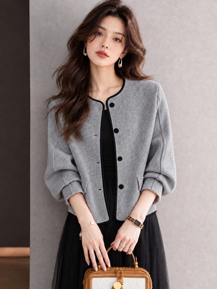 YUXIN Women's Elegant Round Neck Short Jacket, Black Trim, Front Button Closure, Patch Pockets, Loose Balloon Sleeves, Fashion Outerwear, Suitable For Office, Autumn/Winter Wear - Grey - View 1