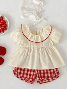Summer New Baby Girl Outfit, Cute Girls Set, Ruffle Collar Short Sleeve Top + Red Plaid Shorts Set, Casual 2-Piece - Red - View 1