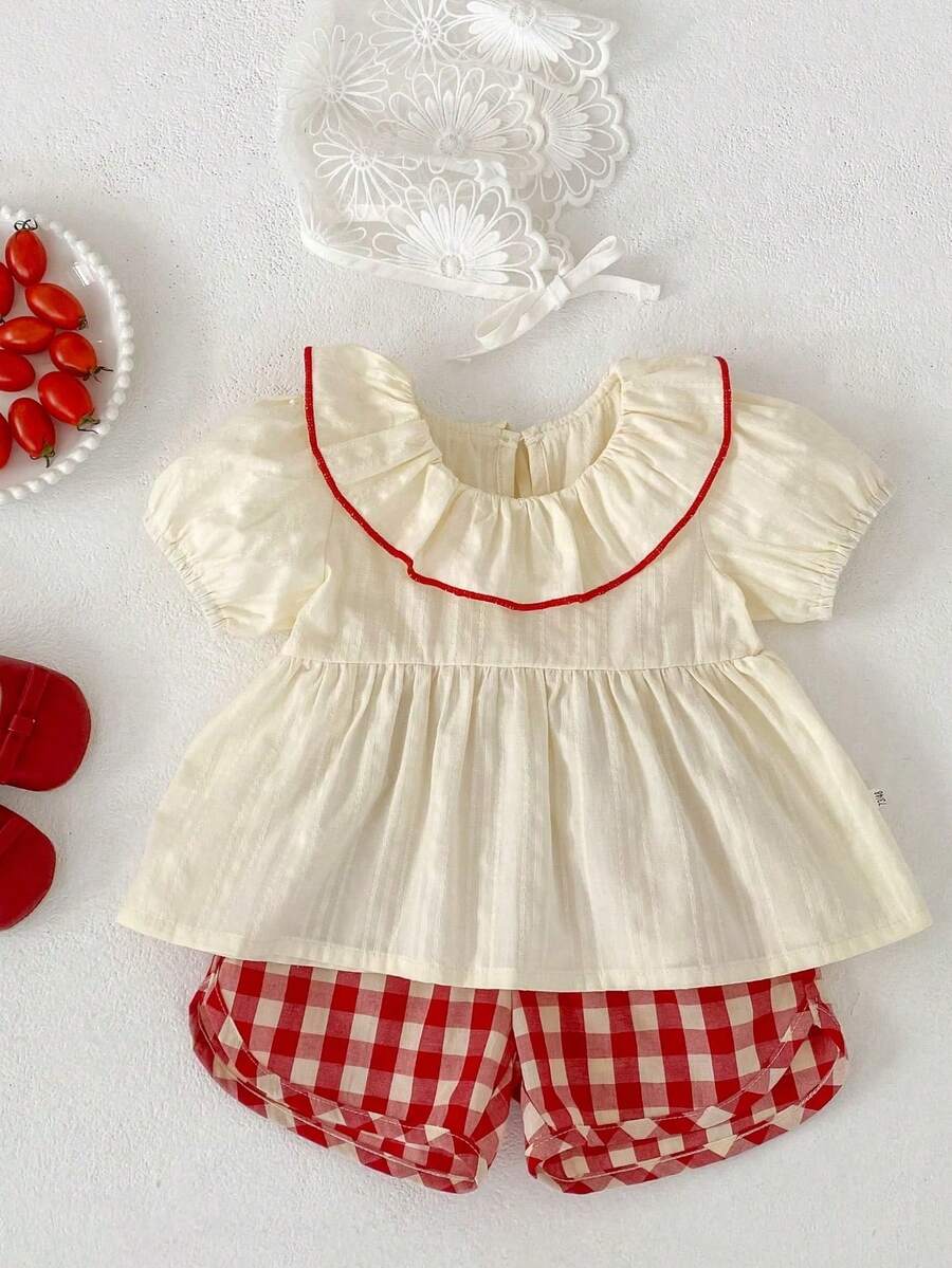 Summer New Baby Girl Outfit, Cute Girls Set, Ruffle Collar Short Sleeve Top + Red Plaid Shorts Set, Casual 2-Piece - Red - View 1