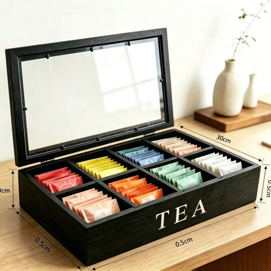 Wooden Tea Bag Storage Box With Flip Lid, Coffee Capsule Organizer Box For Tea Station, Solid Wood Divided Storage Box - Black - View 1