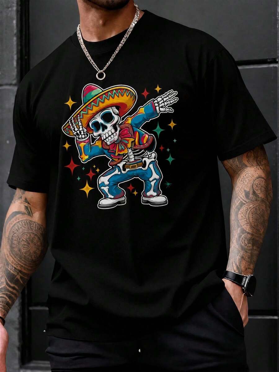 1pc Playera hombre manga corta, estampado esqueleto divertido, ropa urbana cómoda y fresca, ideal para fiestas, Día de Muertos, Halloween y uso casual diario. - Negro - Ver 1
