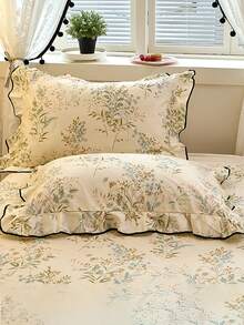 Beige Floral Girl Style Ruffled Simple Comfortable Soft Skin-Friendly Duvet Cover Set (1*Duvet Cover + 2*Pillowcases, No Filling) Suitable For Bedroom Guest Room Machine Washable All Season - Beige - View 8