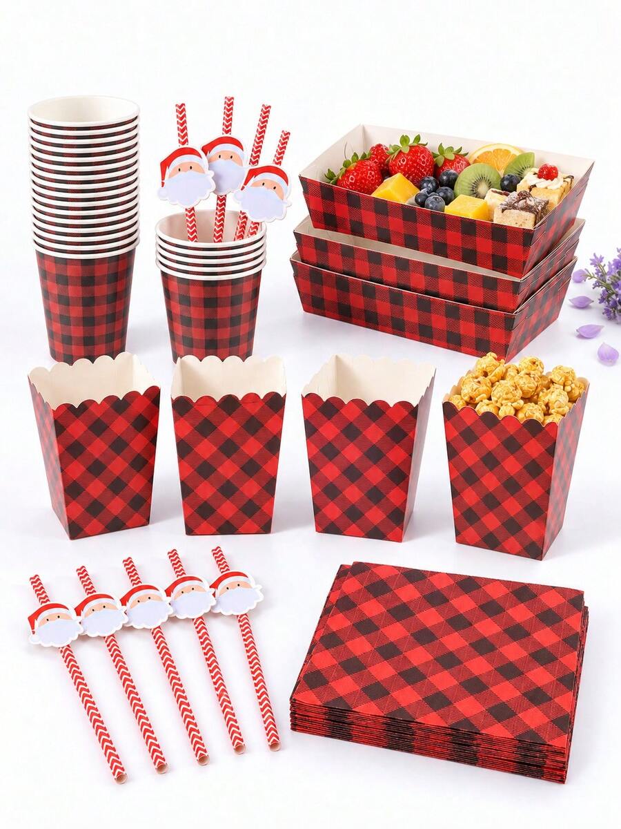 24/48PCS Disposable Paper Party Tableware Set, Red & Black Buffalo Plaid Print, Suitable For Rustic Christmas Party, Cabin Gathering, Winter Camping, Family Celebration, Christmas Eve, New Year Party And Rustic Holiday Table Decor - Multi-color 2 - View 1