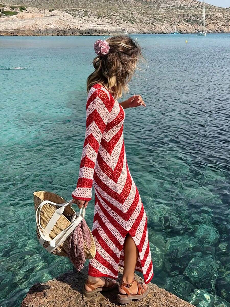 Women's Fashion Elegant Versatile Color Block Multicolor Striped Hollow Round Neck Long Sleeve Casual Sweater Dress - Multicolor - View 1