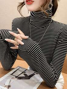 Áo thun nữ cổ cao tay dài kẻ sọc đen trắng, vải polyester co giãn vừa, đồ mặc hằng ngày mùa thu thiết yếu - màu đen - Xem 7