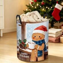 1PC Watercolor Style Christmas Gingerbread Man Round Storage Bucket, Cute Holiday Decor Organizer Basket With Handles, Perfect For Candy Snack Toy Gift Storage On Kitchen Shelf, Bathroom Counter, Bedside Table, Winter Xmas Hostess Gift - Multicolor - View 5