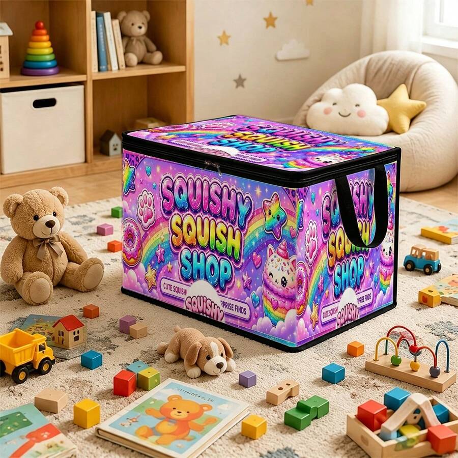 1PC 2D FLAT Squishy Squish Shop Rainbow Dessert Cartoon Pattern Under-Bed Storage With Zipper Flip Cover Foldable Storage Box - Suitable For Book Organization, Under-Bed Storage, Car Trunk Storage, Cosmetics, Hair Styling Tools, Toy Storage, Student Back To School Storage, Office, Home Organization, Clothing, Blankets, Large Capacity Storage For Daily Items. - A - View 1