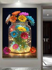 1pc Diamond Painting Kit, Colorful Glowing Glass Jar Flower Diamond Art, Home Desktop Decor Handmade DIY Rhinestone Craft, Suitable For Creative Crafting Scenes - round diamond - View 11