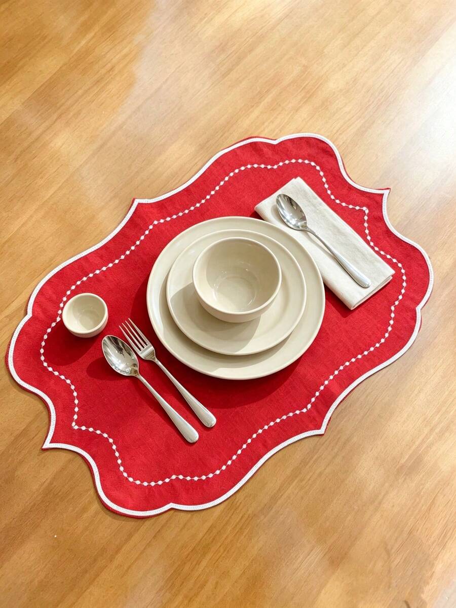 4pcs Solid Color Embroidered Placemats, Pastoral Style Polyester Fiber Round Placemats, Suitable For Dining Table, Coffee Table, Tea Table, Daily Home Decor, Vase Mat, Wedding, Holiday, Party - Red - View 1