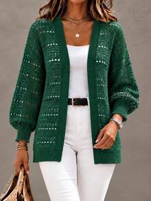 Women's Plus Size Elegant Knit Cardigan, Long Dropped Shoulder Sleeves, Ribbed Knit Details, Autumn/Winter Fashion Style - Dark Green - View 1