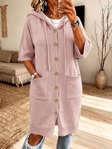 Plus Size Women's Pink Hooded Cardigan, Dropped Shoulder 3/4 Sleeve, Button Front Design, With Pockets, Suitable For Autumn/Winter Wear - Pink - View 5