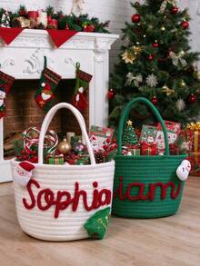 Customized Christmas Name Gift Basket – Personalized Woven Storage Basket With Handles (Christmas Decor / Holiday Gift Basket) - Multicolor - View 2