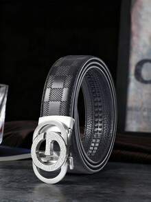 Men's Round 3D Automatic Buckle PU Belt, Checkered Pattern, 47 Inch Business Leather Belt - Multicolor - View 2