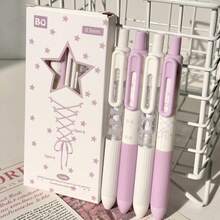 4 buah/Paket Pulpen Gel Klik Bentuk Pita 0,5mm Ungu Set Alat Tulis Siswa Lucu, Gaya Feminin Pulpen Tulis untuk Belajar dan Kantor, Kotak Hadiah - Set - View 3
