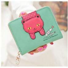 2026 New Korean Style Girls Short Wallet, 2-Fold Mini Cute Student Fresh Zipper Cat Leather Purse - Green - View 9