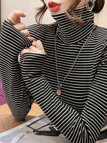 Áo thun nữ cổ cao tay dài kẻ sọc đen trắng, vải polyester co giãn vừa, đồ mặc hằng ngày mùa thu thiết yếu - màu đen - Xem 4