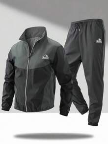 1 Set Men's Spring/Autumn Black & Green Colorblock Sports Outfit, Zipper Stand Collar Jacket + Cuffed Jogger Pants, 2-Piece Casual Jogging Set - Black - View 4
