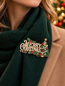 1pc Santa Claus/Christmas Tree Shaped Rhinestone Brooch, Gold Tone Merry Christmas Letter Enamel Pin, Vintage Exquisite Holiday Accessory, Suitable For Coats, Sweaters, Scarves And Bags Decoration, Christmas Party Outfit And Holiday Gift - Multicolor - View 6