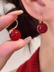 1 Pair Vintage Faux Pearl Red Copper Earrings, Suitable For Women For Daily Wear And Festivals - Burgundy - View 2