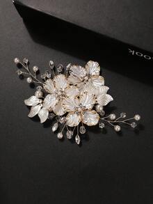 1pc Women's Gold-Trimmed Floral Rhinestone Plum Blossom Hair Clip, Bridal Wedding Hair Pin Decorative Hair Clip - Gold - View 5