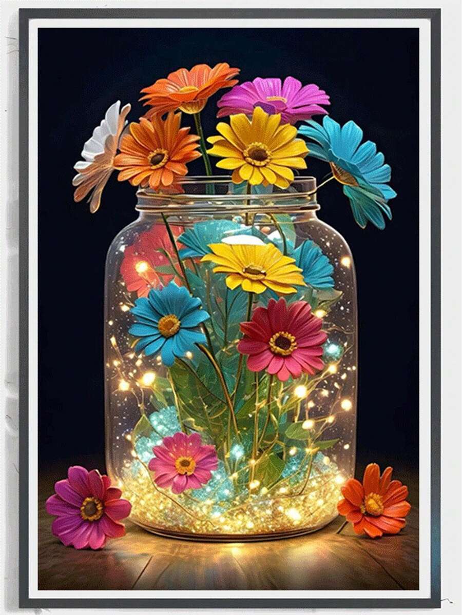 1pc Diamond Painting Kit, Colorful Glowing Glass Jar Flower Diamond Art, Home Desktop Decor Handmade DIY Rhinestone Craft, Suitable For Creative Crafting Scenes